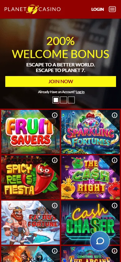 Planet 7 Casino home screen on a mobile browser