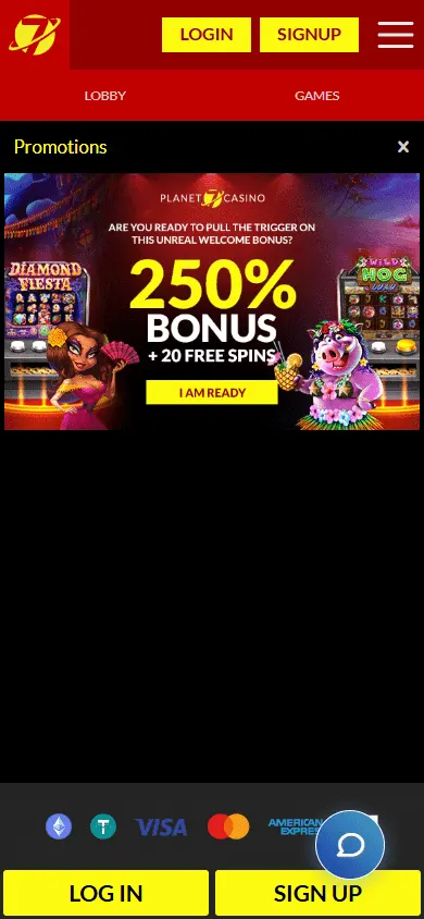 Planet 7 Casino promotions screen on a mobile browser