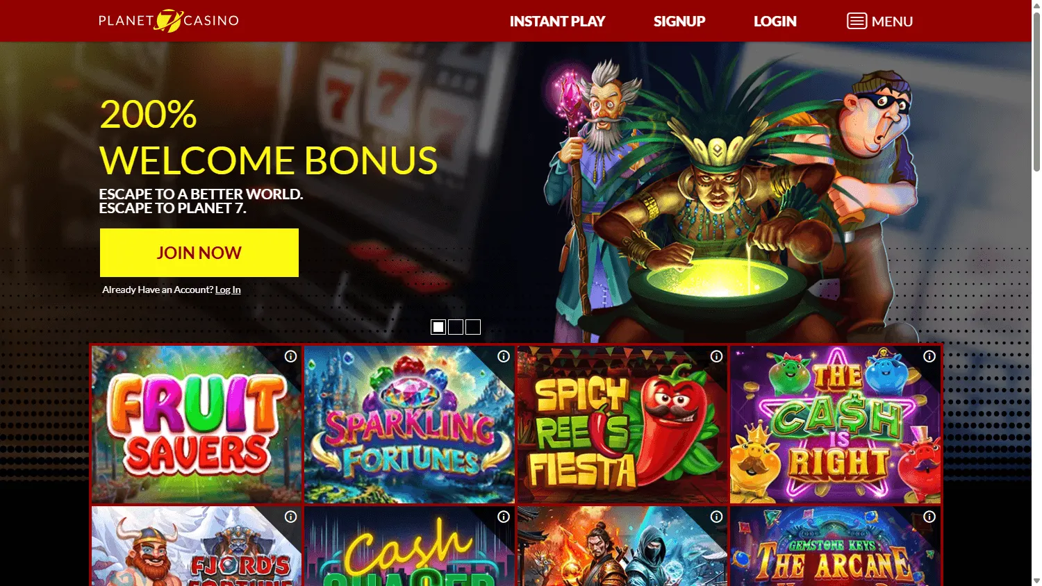 Planet 7 Casino home screen on desktop
