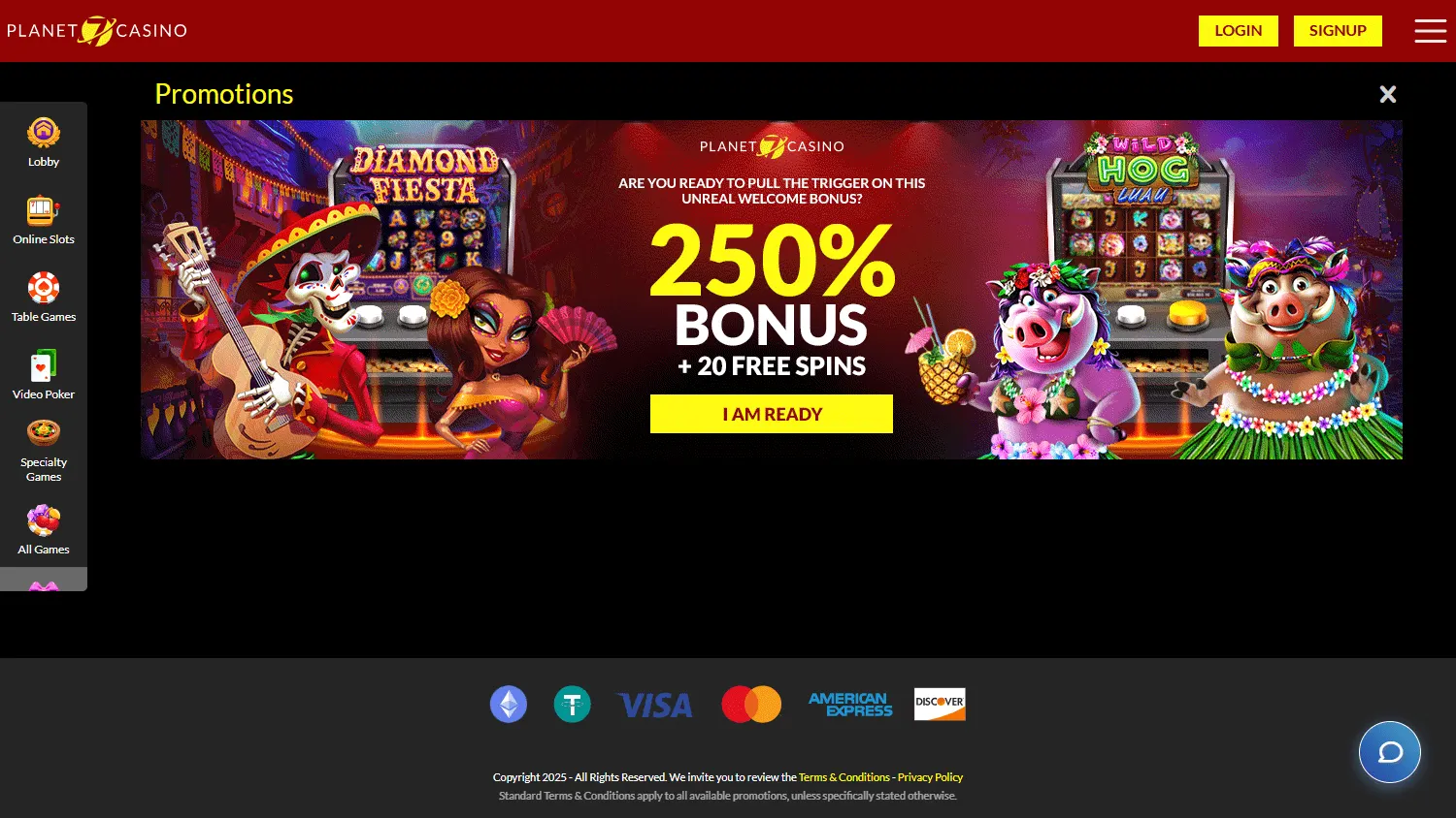 Planet 7 Casino promotions screen on desktop